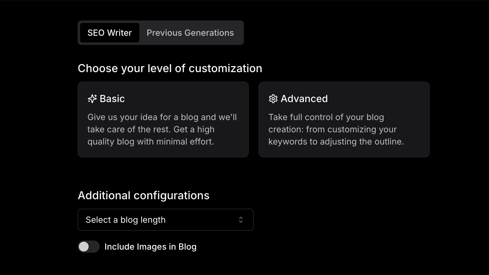 SEO writer content customization modes for beginner and advanced users