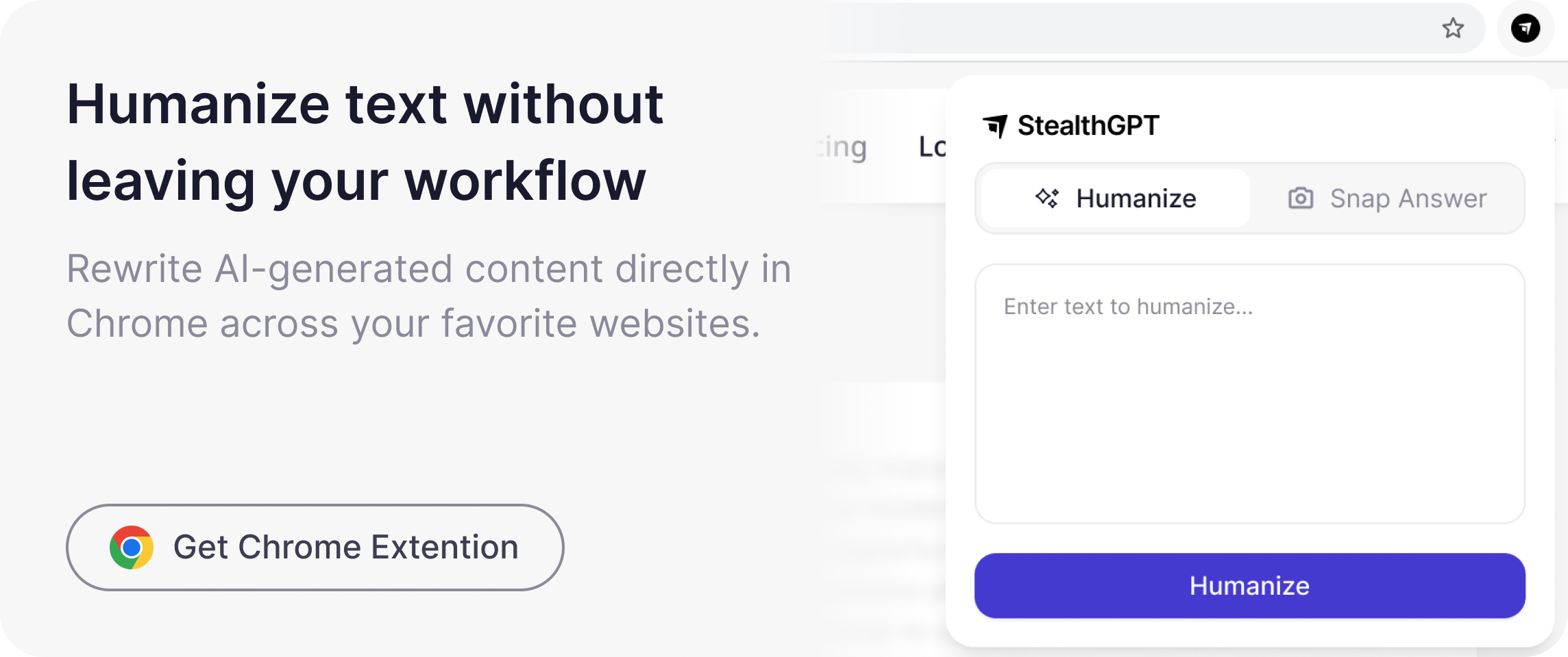 Humanize text without leaving your workflow — rewrite AI-generated content directly in Chrome across your favorite websites. Get the Chrome Extension.